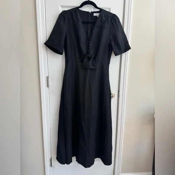 knee length dresses for ladies Pastel yellow cut out linen dress with low back – Piure_com main image 0